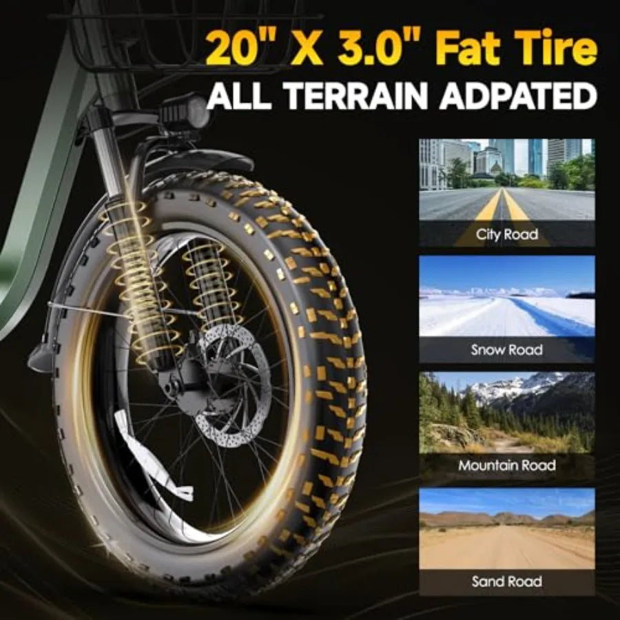 Electric Bike for Adults 20 Fat Tire 1300W Peak Motor 52V 13AH Removable Battery Max Range 35 Miles 28MPH Folding EBike with Sh