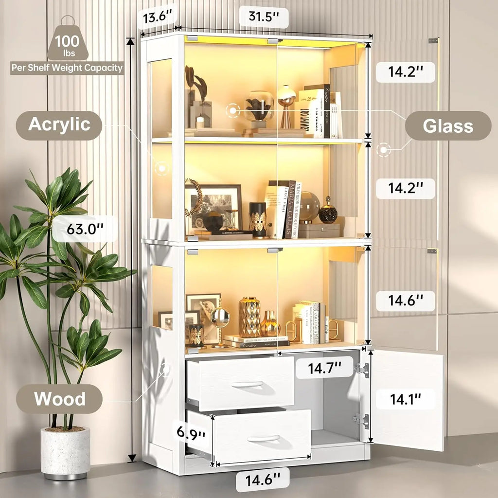 Display Cabinet with Glass Doors, 4-Tier Display Case with 3-Color Lights & Human Body Sensor, Storage Cabinets with 3 Shelve