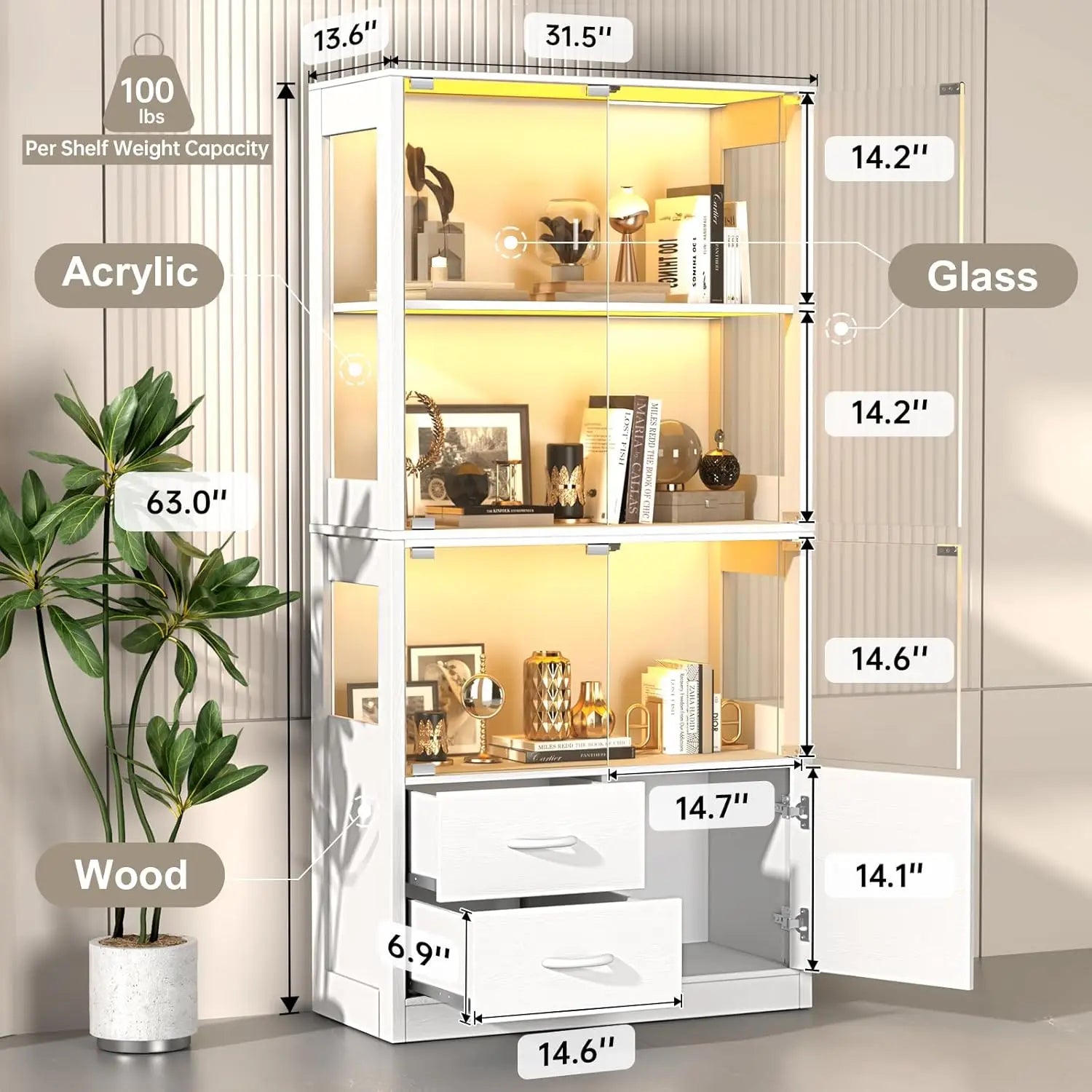 Display Cabinet with Glass Doors, 4-Tier Display Case with 3-Color Lights & Human Body Sensor, Storage Cabinets with 3 Shelve