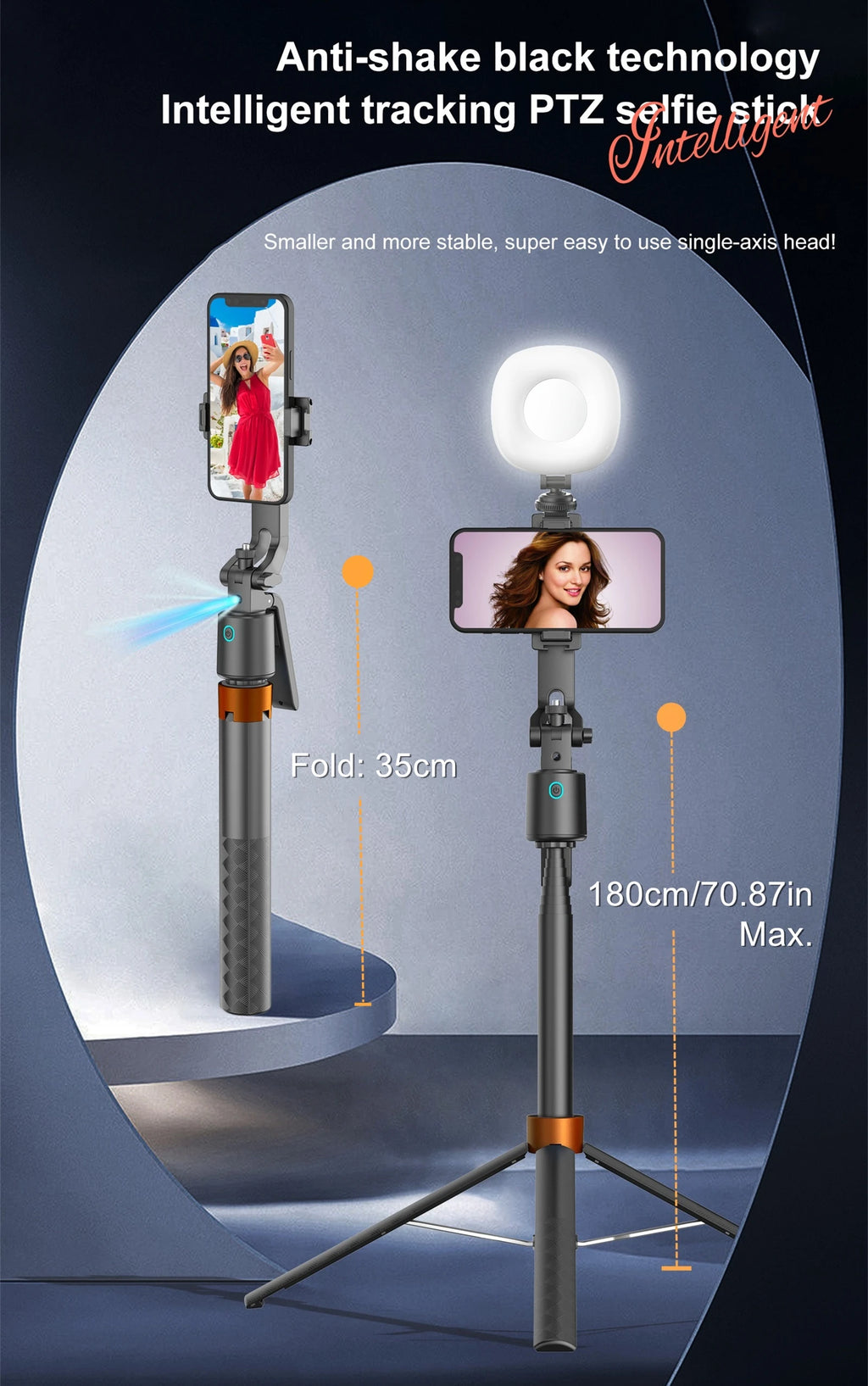 180cm/70.9in Tall 360°Rotation Gimbals Stabilizer Bluetooth Selfie Stick Face Track Phone Holder Tripod for Mobile Camera GoPro