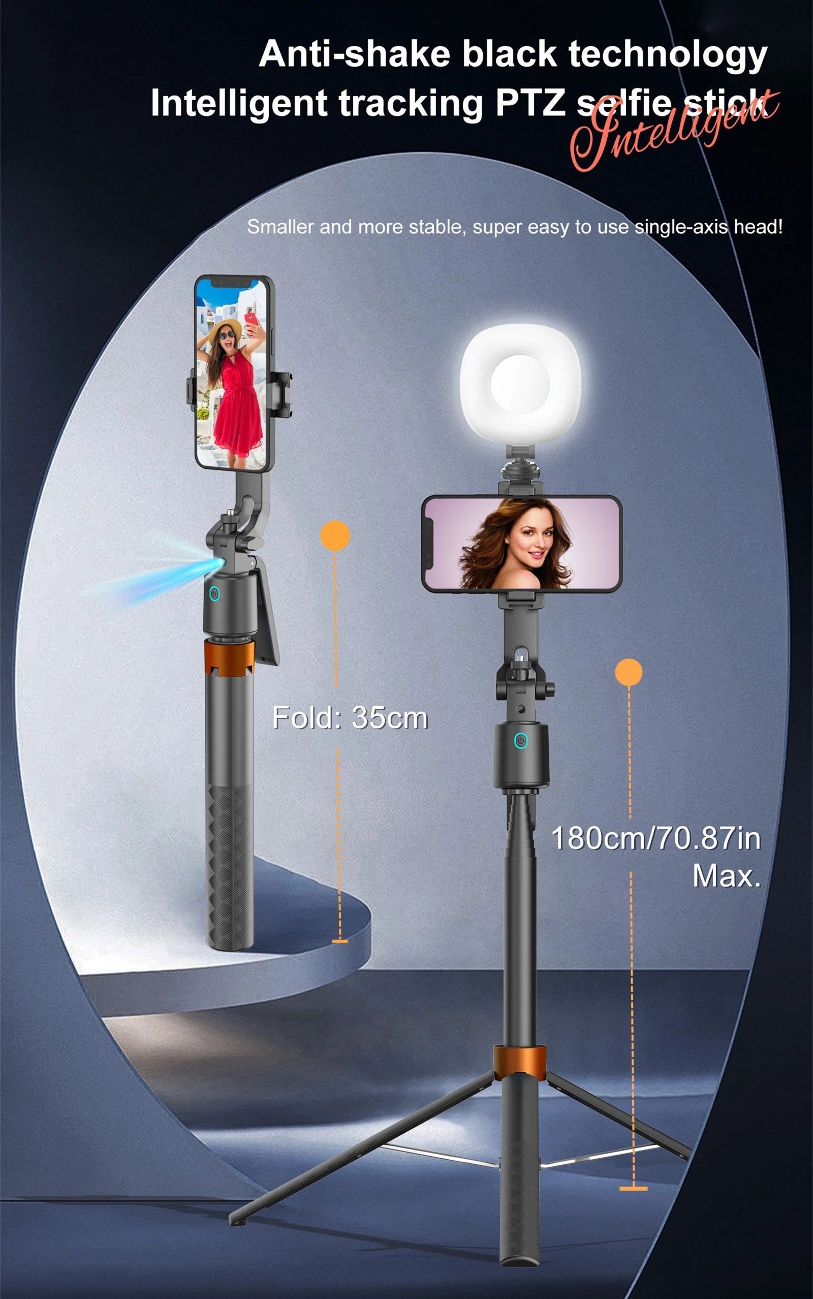 180cm/70.9in Tall 360°Rotation Gimbals Stabilizer Bluetooth Selfie Stick Face Track Phone Holder Tripod for Mobile Camera GoPro