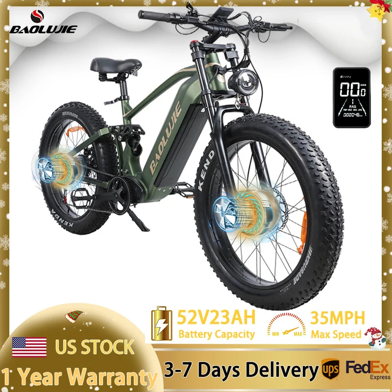 Electric Bike Adult 26" Fat Tire 5000W Peak Dual Motor Electric Bicycle 35MPH 52V 23AH Battery Dual Disc Brake Mountain E Bike