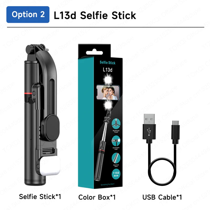 TOKQI L13d Selfie Stick Tripod with Fill Light Wireless Bluetooth, 45.66in Bracket, Portable Tripod for iPhone 17/16 Smartphones