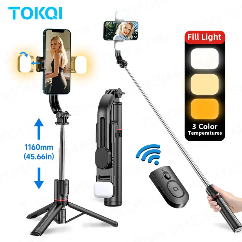 TOKQI L13d Selfie Stick Tripod with Fill Light Wireless Bluetooth, 45.66in Bracket, Portable Tripod for iPhone 17/16 Smartphones