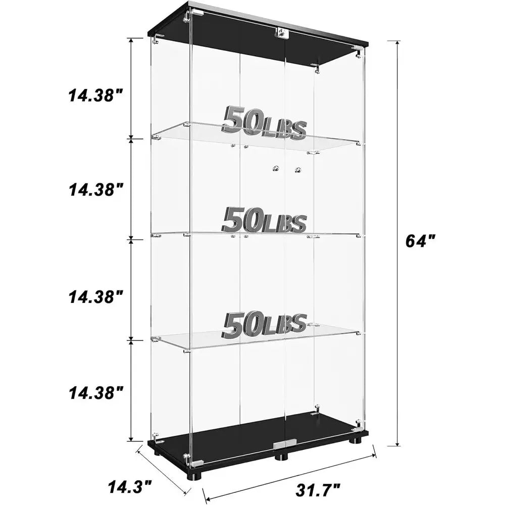 Double Door Glass Display Cabinet with Lock, 4-Shelf Curio for Collectibles, 31.7 W x 14.3 D x 64 H