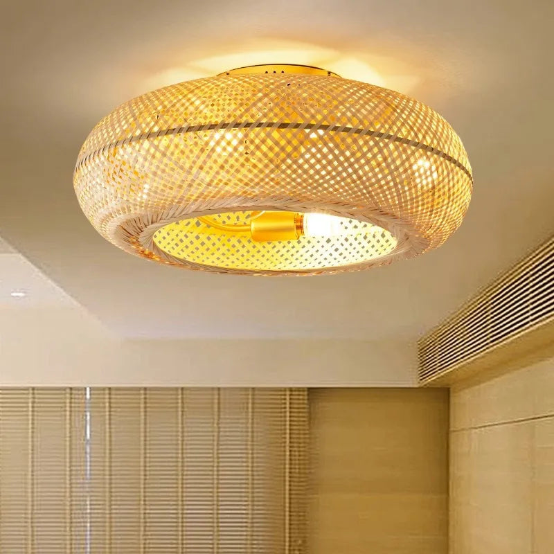 Bamboo Ceiling Fan Fans With Lights Remote Control Bedroom Decor Ventilator Lamp 50cm Air Invisible Blades Retractable Silent