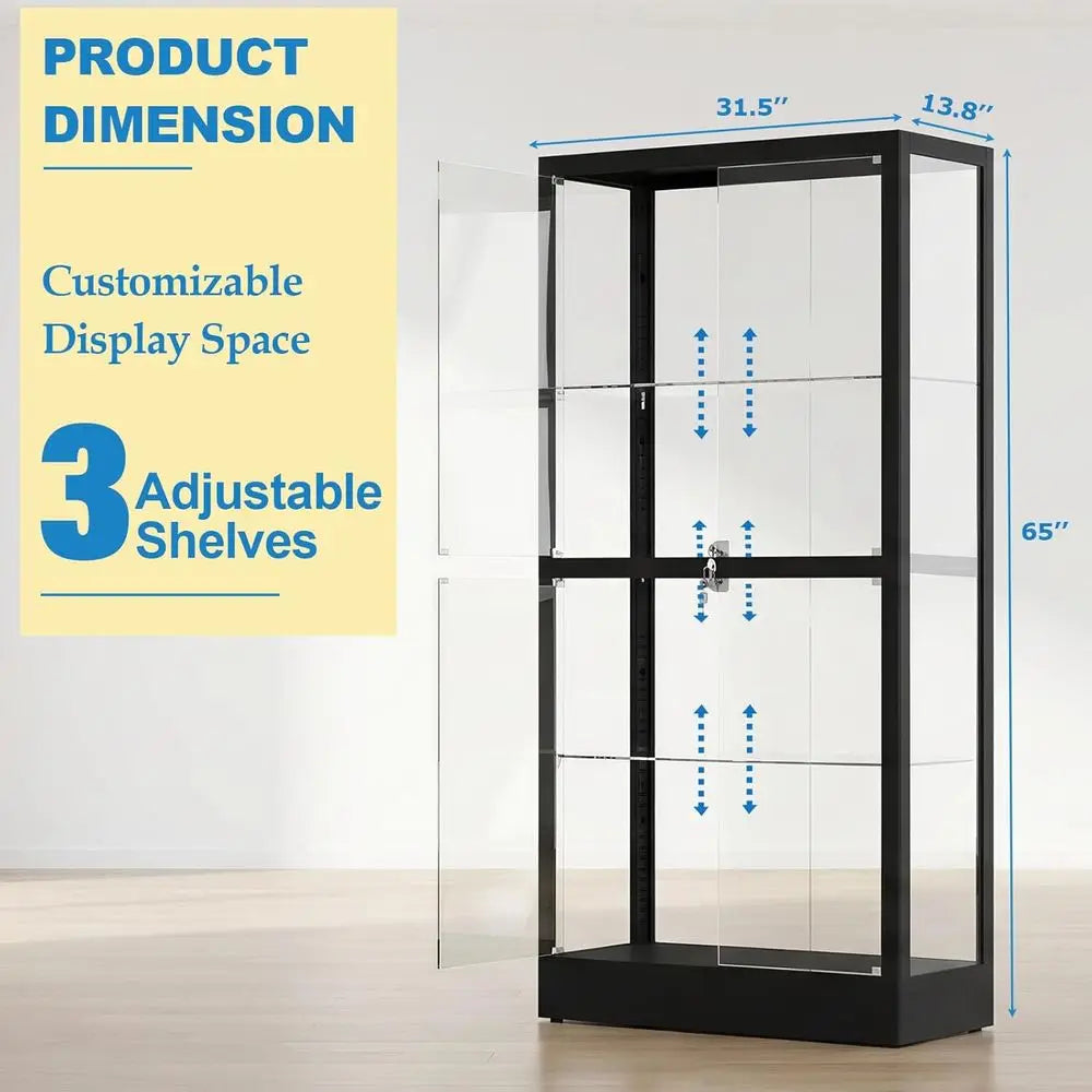 65 H 4-Tier Glass Display Cabinet with Adjustable Shelves, Lockable, Lighted for Collectibles, Black