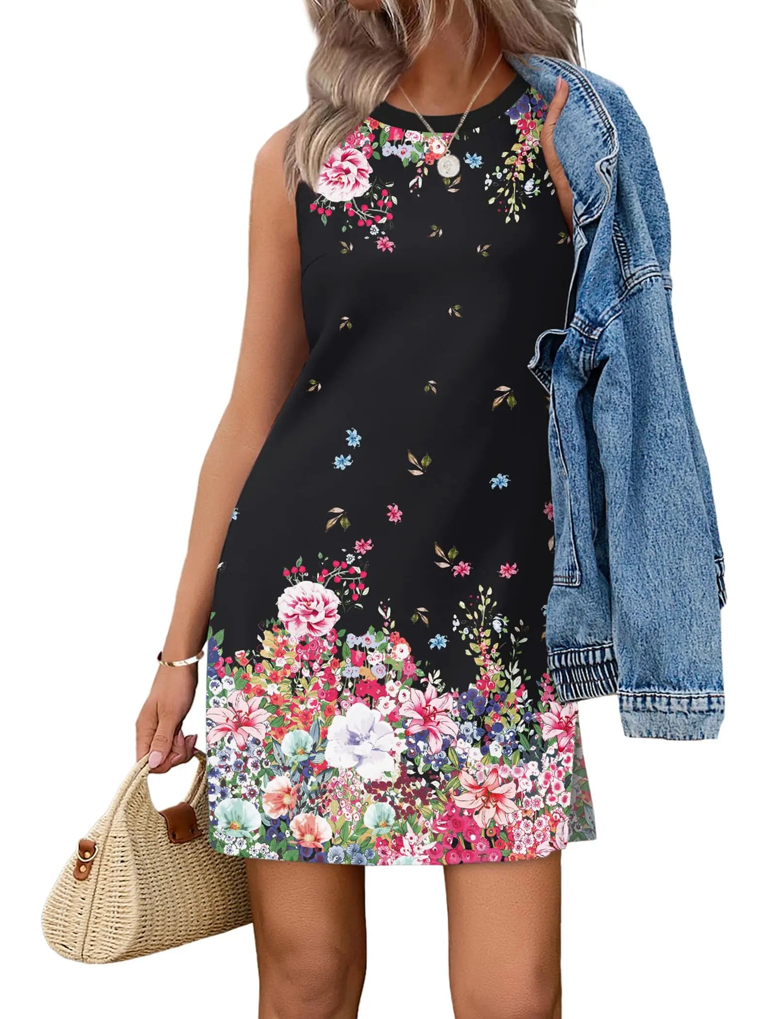 Casual Sleeveless Crewneck Dress Women Boho Summer Vacation Floral Paisley Print Mini Dress