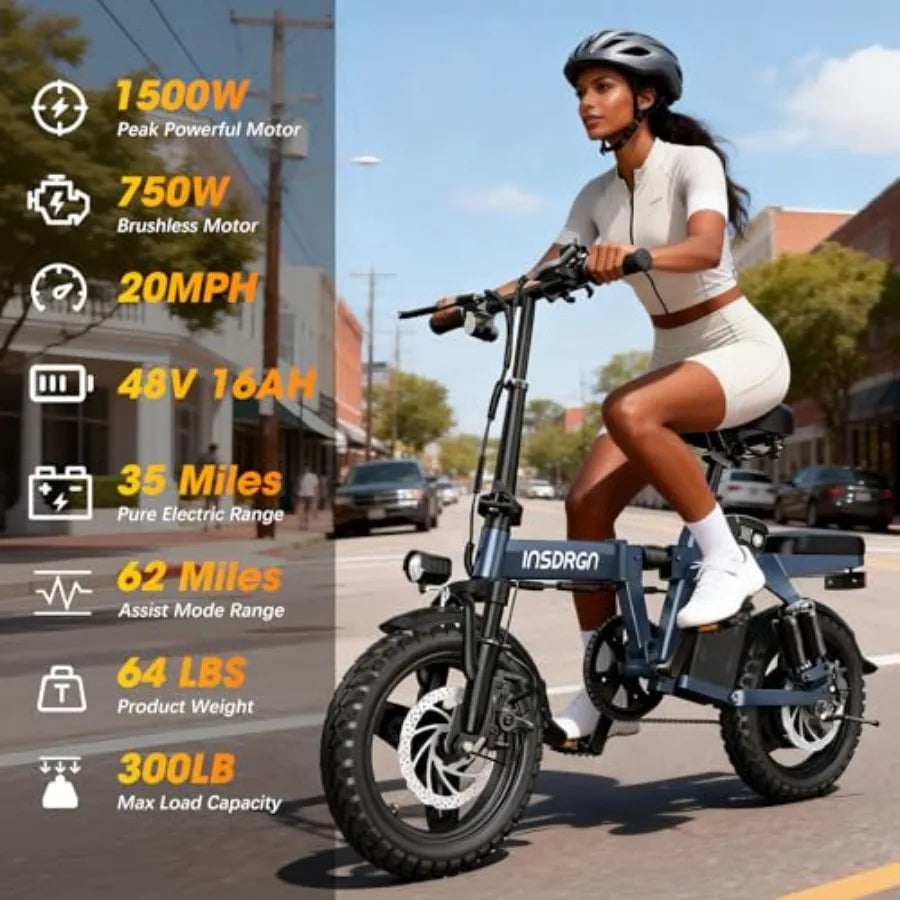 14 Folding Electric Bike for Adults with 1500W Peak Motor 20MPH Max Speed 48V 16Ah Removable Battery 35/62 Miles Max Range UL 2