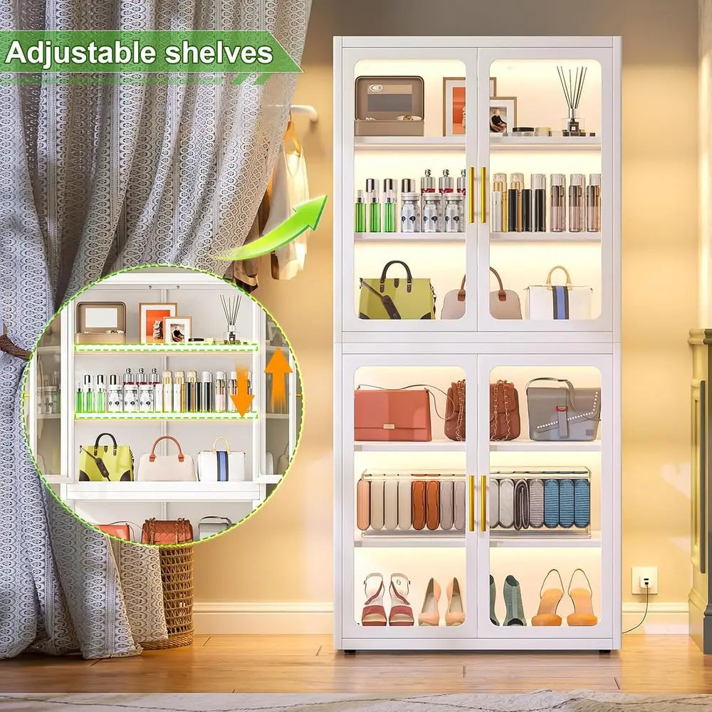 68 White Glass Display Cabinet with RGB LED Lights, 4 Adjustable Shelves for Collectibles and Storage