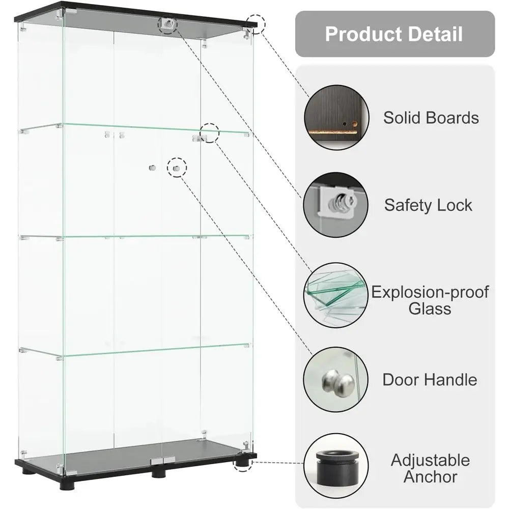 4-Shelf Double Door Lockable Glass Display Cabinet, 5mm Tempered Glass Floor Standing, Suitable for Living Room, Bedroom, Office