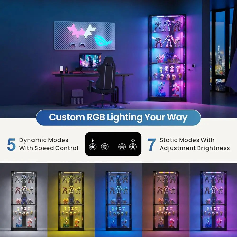 69 Black 5-Tier Glass Display Cabinet with RGB Lights and Human Body Sensor for Living Room Collectibles