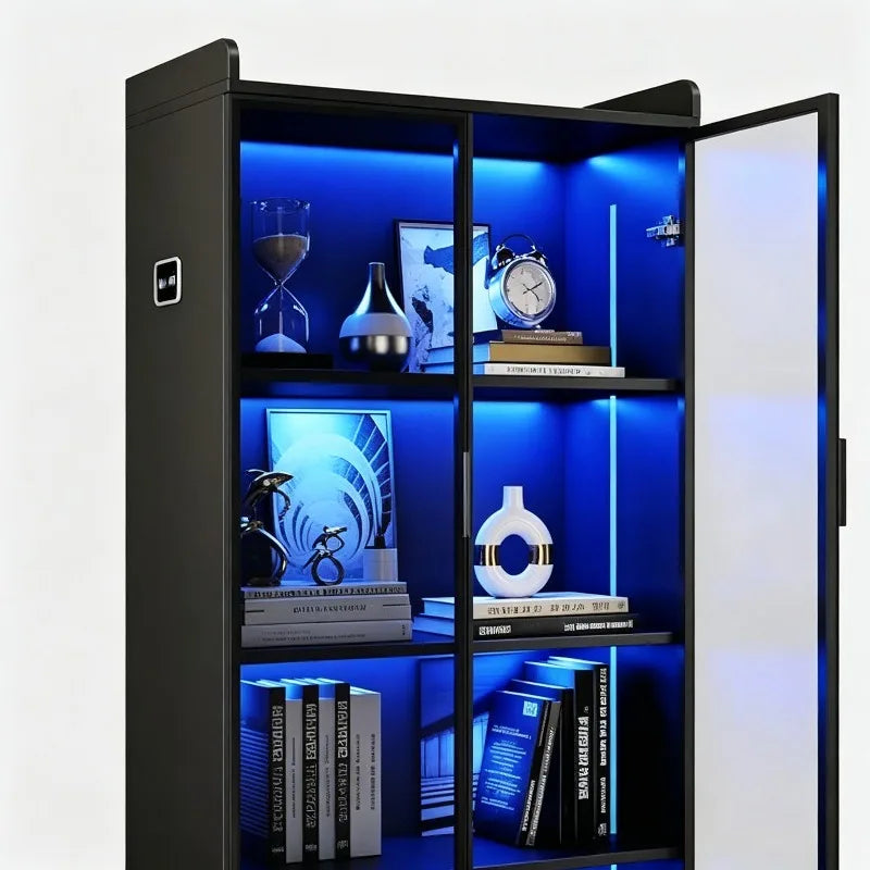 Dystler 65" Tall 5 Tier Display Cabinet with Doors Adjustable Shelves LED Light Bookcase Human Body Sensor Storage Cabinet