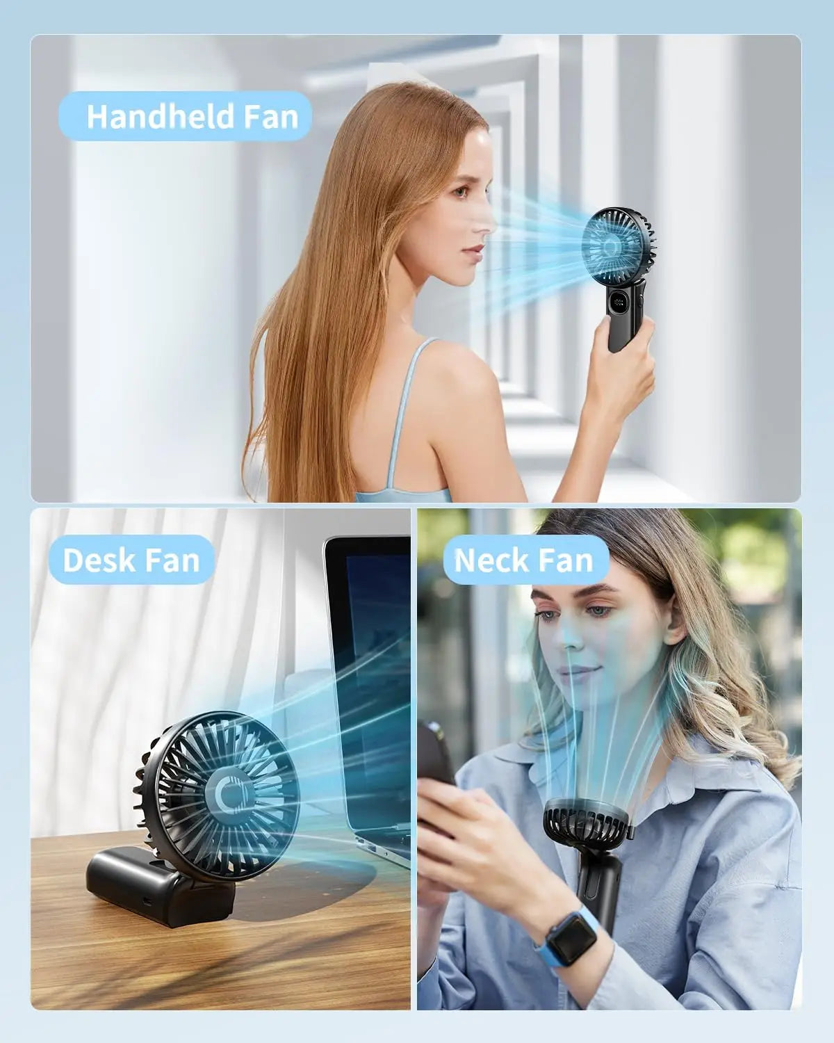 3-in-1 Foldable Fan with LED Display, 3000mAh, Handheld/Neck/Desk, Personal Mini Fan for Travel Beach Outdoor