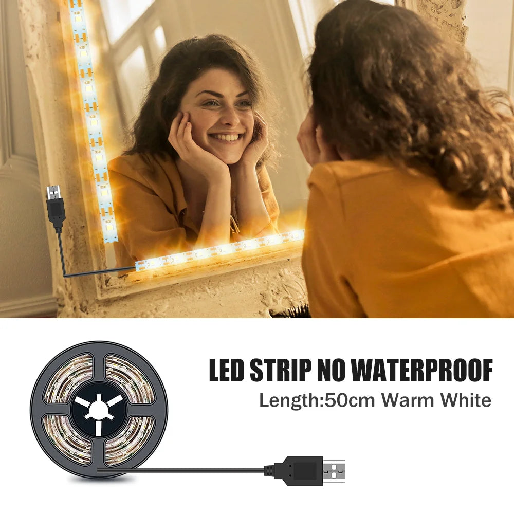DC5V LED Makeup Mirror Light Strip USB Dressing Table Lamp LED Tape Room Decoration Bedroom Vanity Lights 0.5M 1M 2M 3M 4M 5M