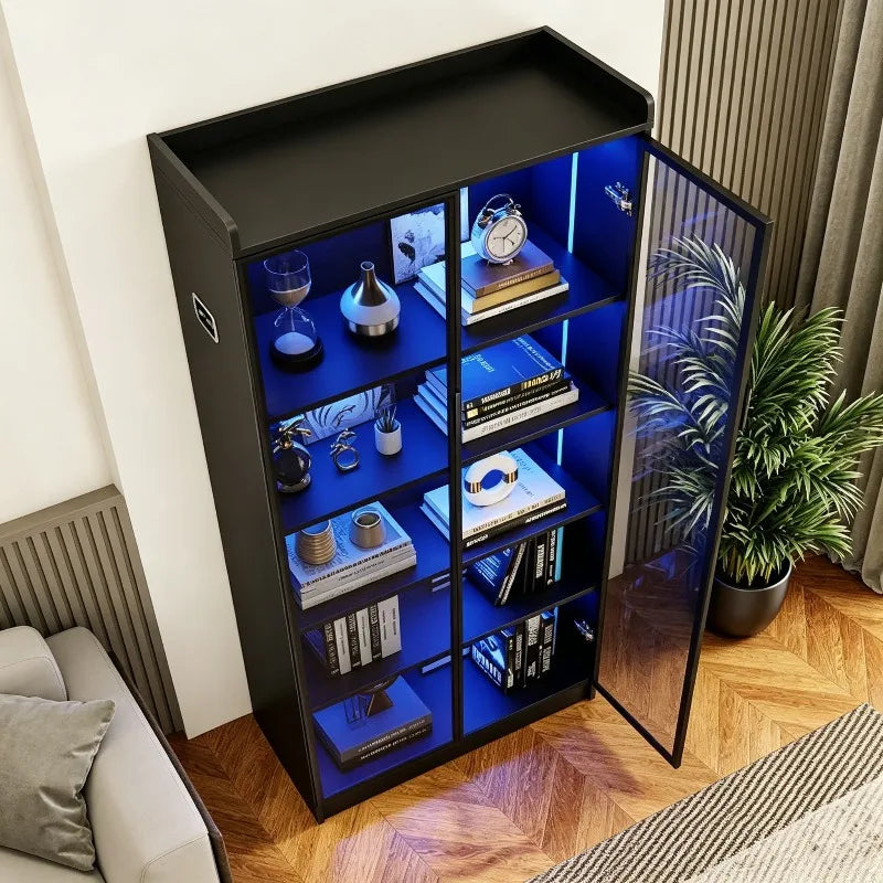 Dystler 65" Tall 5 Tier Display Cabinet with Doors Adjustable Shelves LED Light Bookcase Human Body Sensor Storage Cabinet