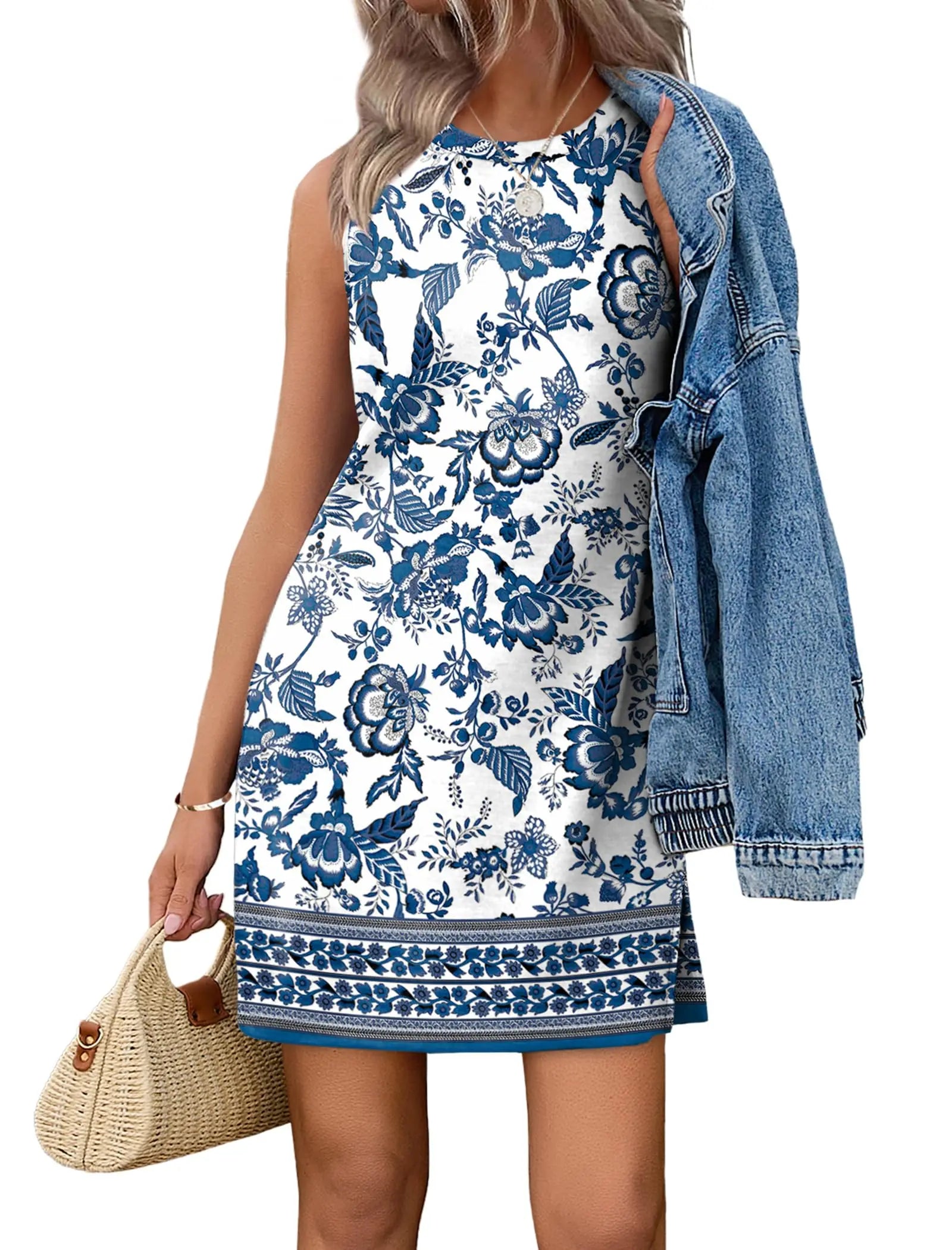 Casual Sleeveless Crewneck Dress Women Boho Summer Vacation Floral Paisley Print Mini Dress