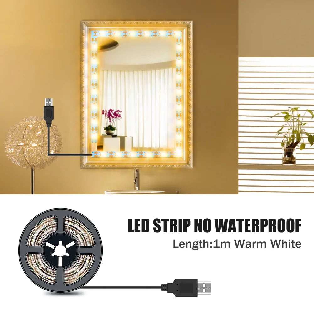 DC5V LED Makeup Mirror Light Strip USB Dressing Table Lamp LED Tape Room Decoration Bedroom Vanity Lights 0.5M 1M 2M 3M 4M 5M