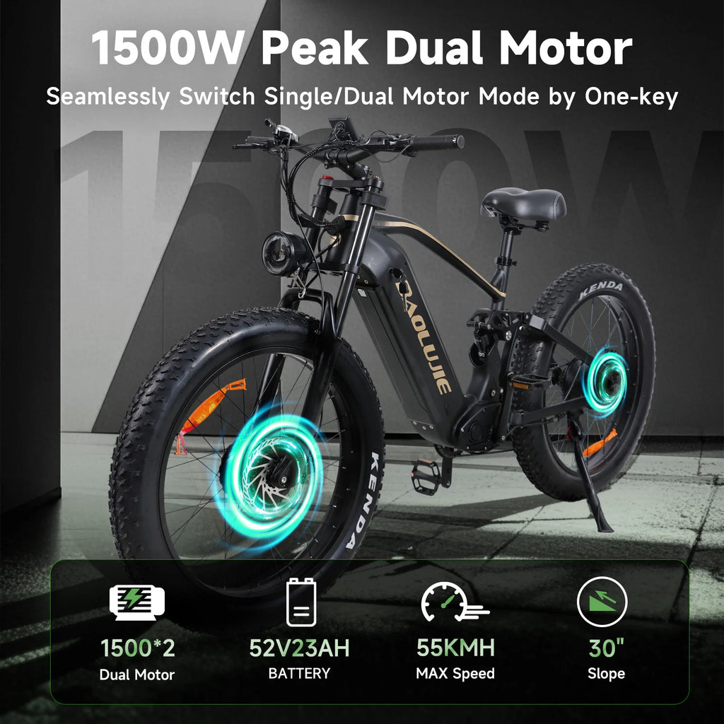 Electric Bike Adult 26" Fat Tire 5000W Peak Dual Motor Electric Bicycle 35MPH 52V 23AH Battery Dual Disc Brake Mountain E Bike