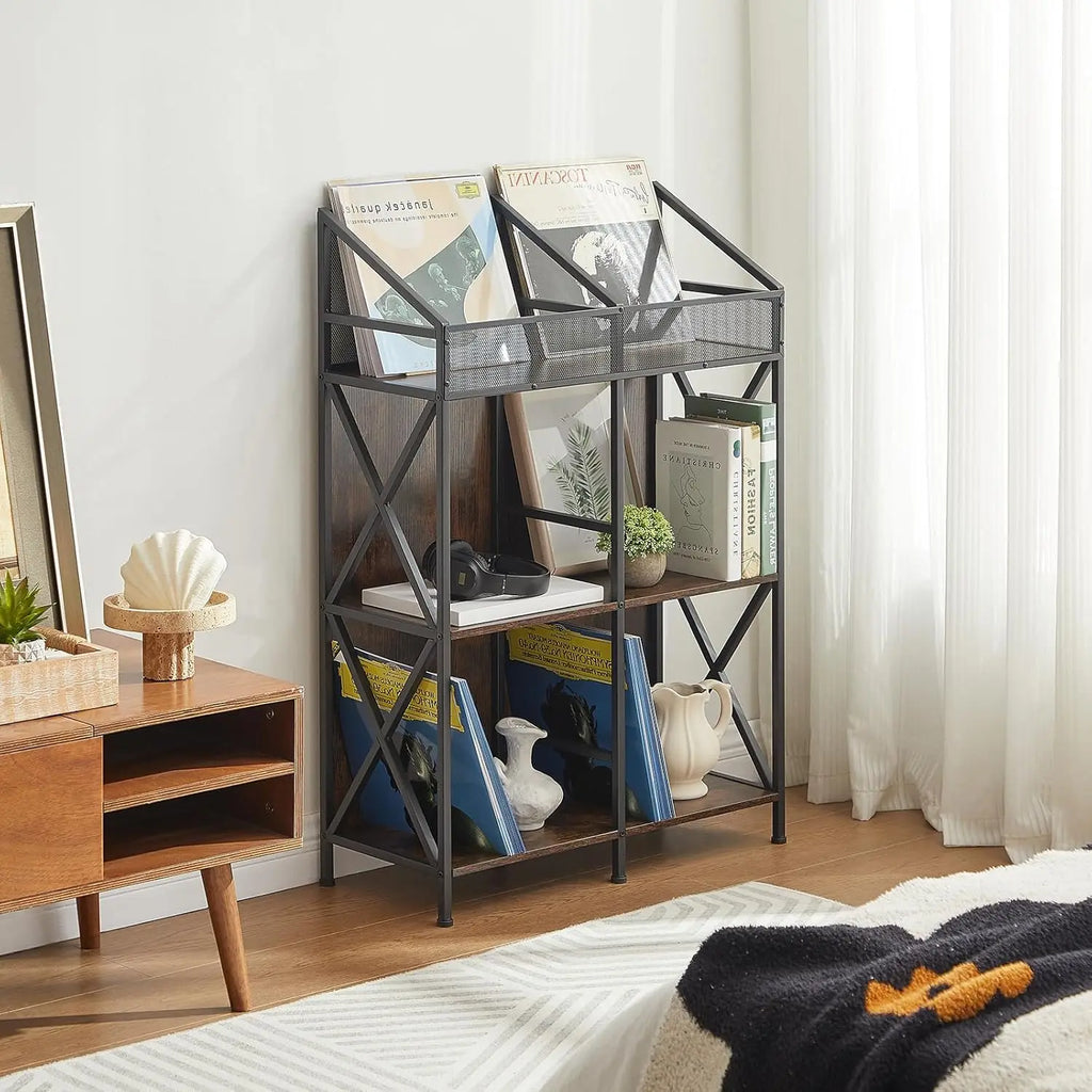 6 Grids Vinyl Record Storage Holder Rack, Wooden Display Table for Magazines Files Albums Books in Living Room Bedroom
