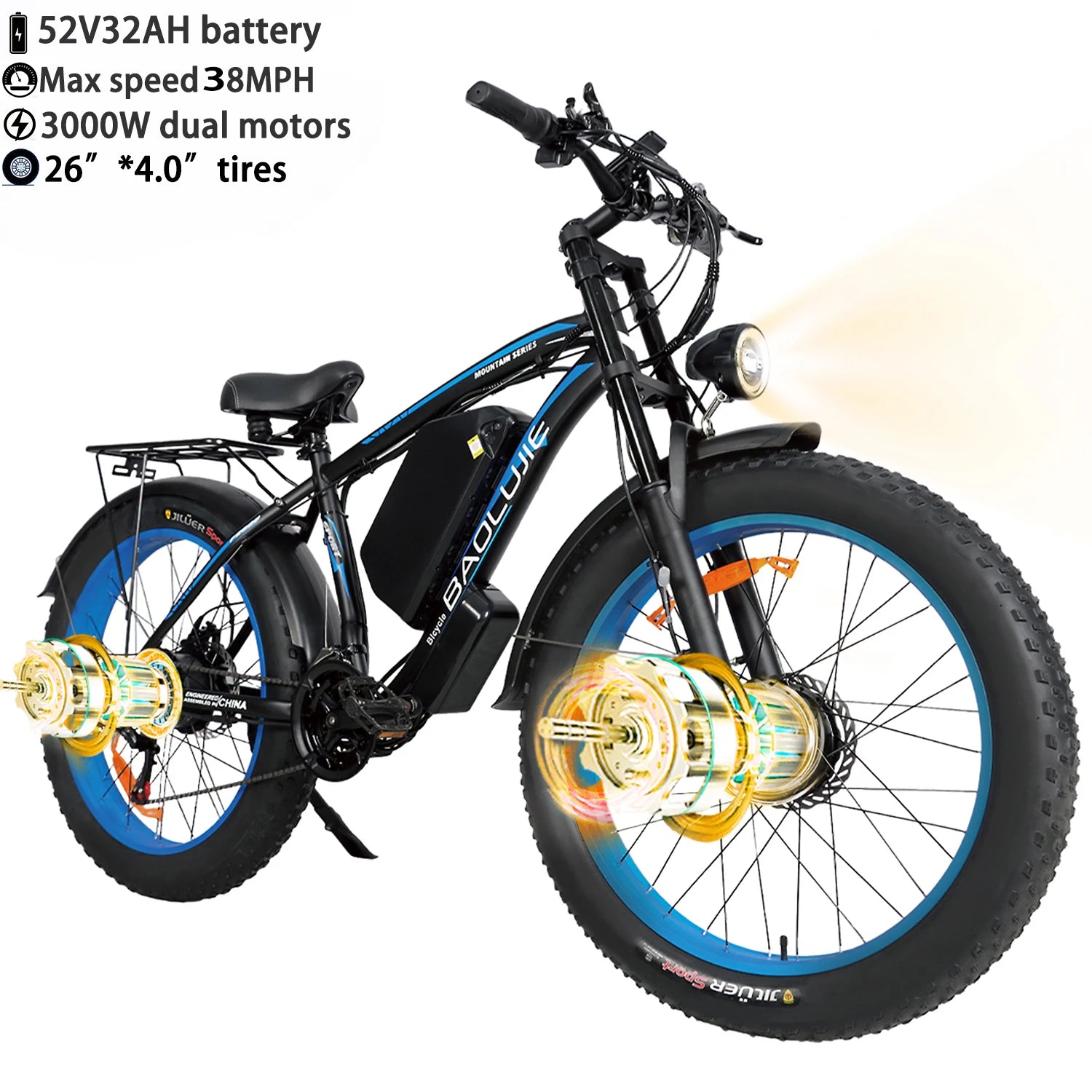 BAOLUJIE Peak 3000W/5000W Dual Motor Electric Bicycle  E-Bike for Adults，Electric Motorcycle 48V/52V Battery，Max Speed 38 MPH
