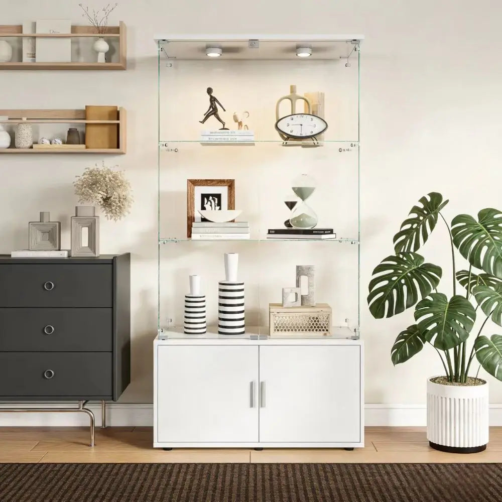 Double-door 4-layer Cabinet: Storage/Display/Wine/File, Remote PAIPAI Lights, Adjustable Feet, Living Room White