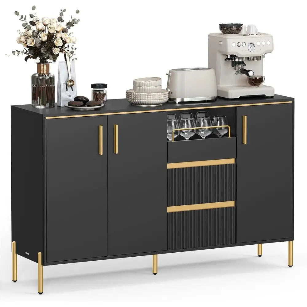 Black Modern Storage Sideboard with Adjustable Shelves for Kitchen and Living Room