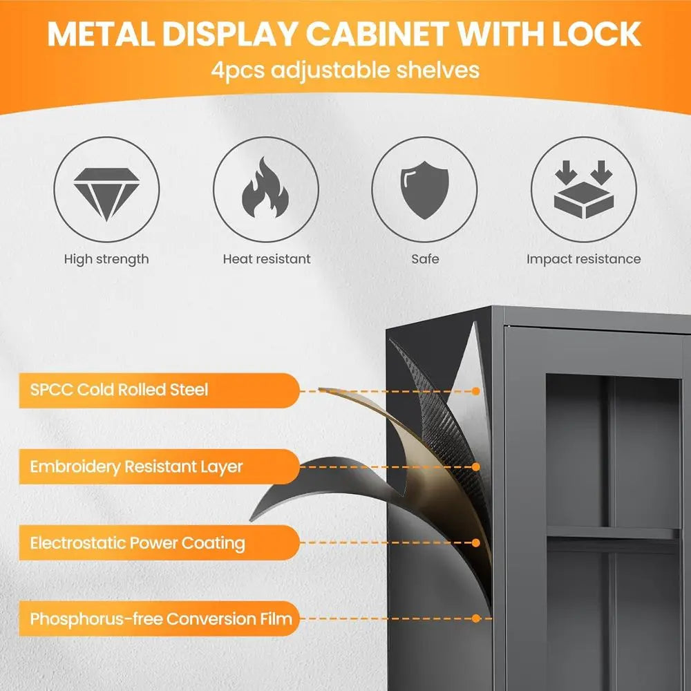 71 Tall Metal Glass Door Display Cabinet with Adjustable Shelves, Ideal for Liquor, Collectibles, Home or Clinic Use - Assembly