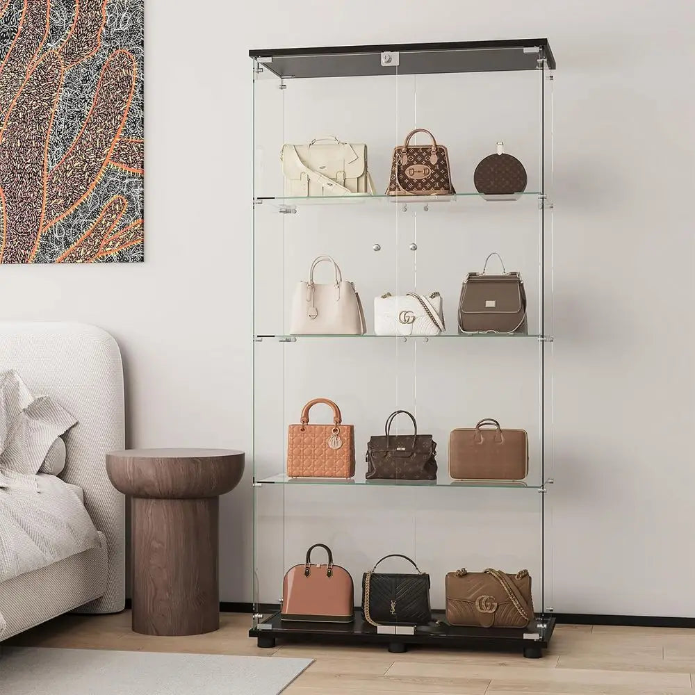 4-Shelf Double Door Lockable Glass Display Cabinet, 5mm Tempered Glass Floor Standing, Suitable for Living Room, Bedroom, Office