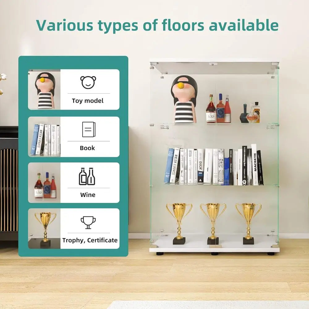 30-Minute Install 3-Shelf Double Door Glass Display Cabinet, Tempered Glass Floor Standing Bookshelf for Living/Bedroom, White,
