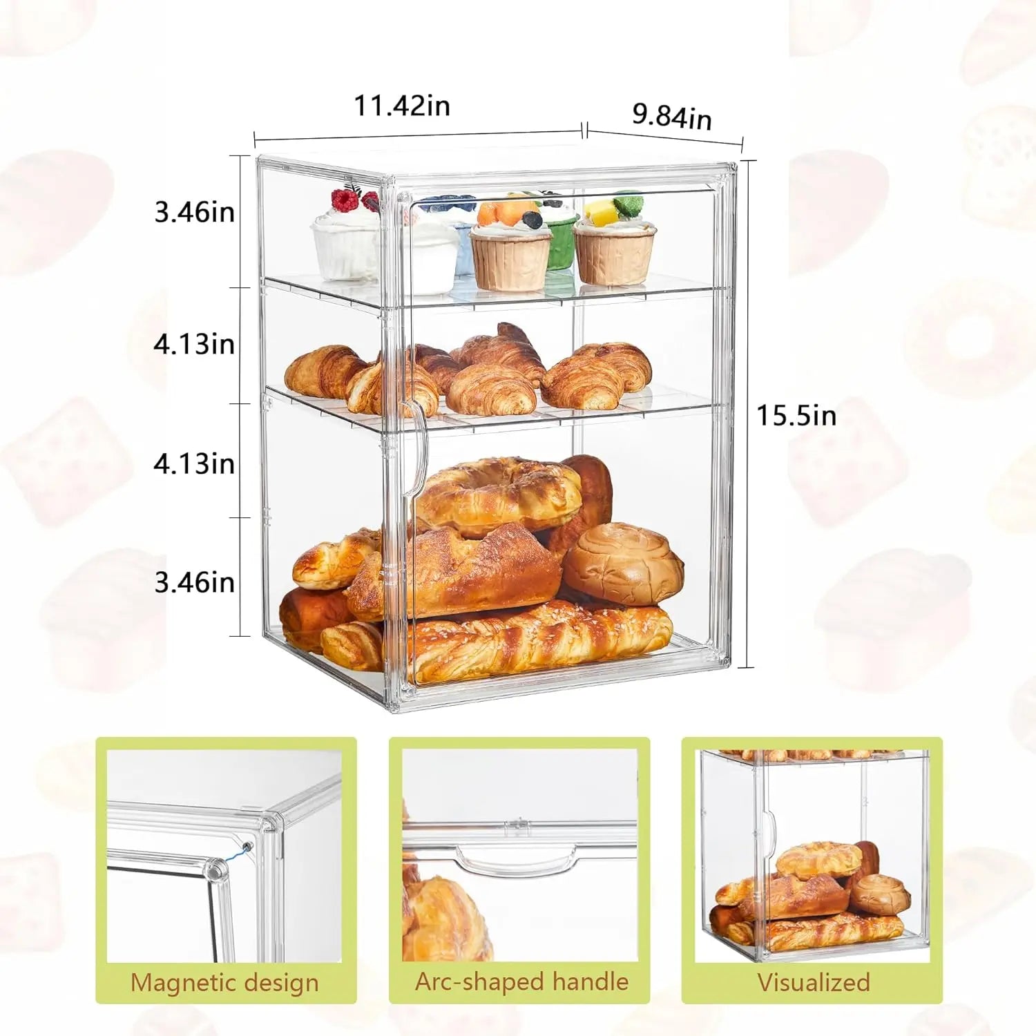 4-Layer Adjustable Clear Bread Box with Magnetic Door, 15.5x11.4x9.8in