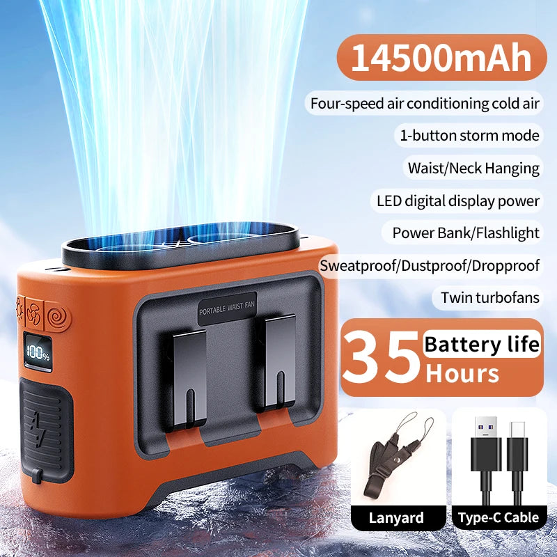Socoolfan 14500mAh Outdoor Fan Portable Waist Hanging Neck Strong Dual Air Vents Fans for Travel Sports Courier Outdoor Working
