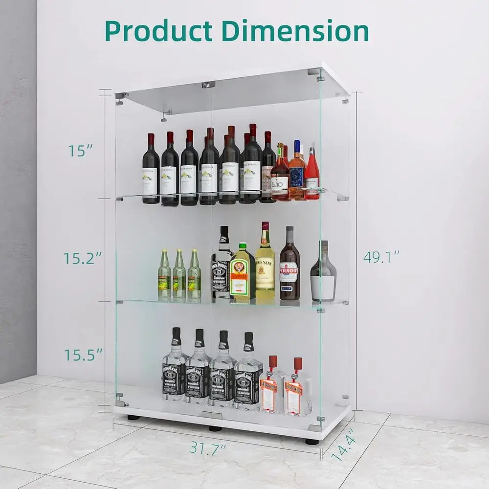 30-Minute Install 3-Shelf Double Door Glass Display Cabinet, Tempered Glass Floor Standing Bookshelf for Living/Bedroom, White,