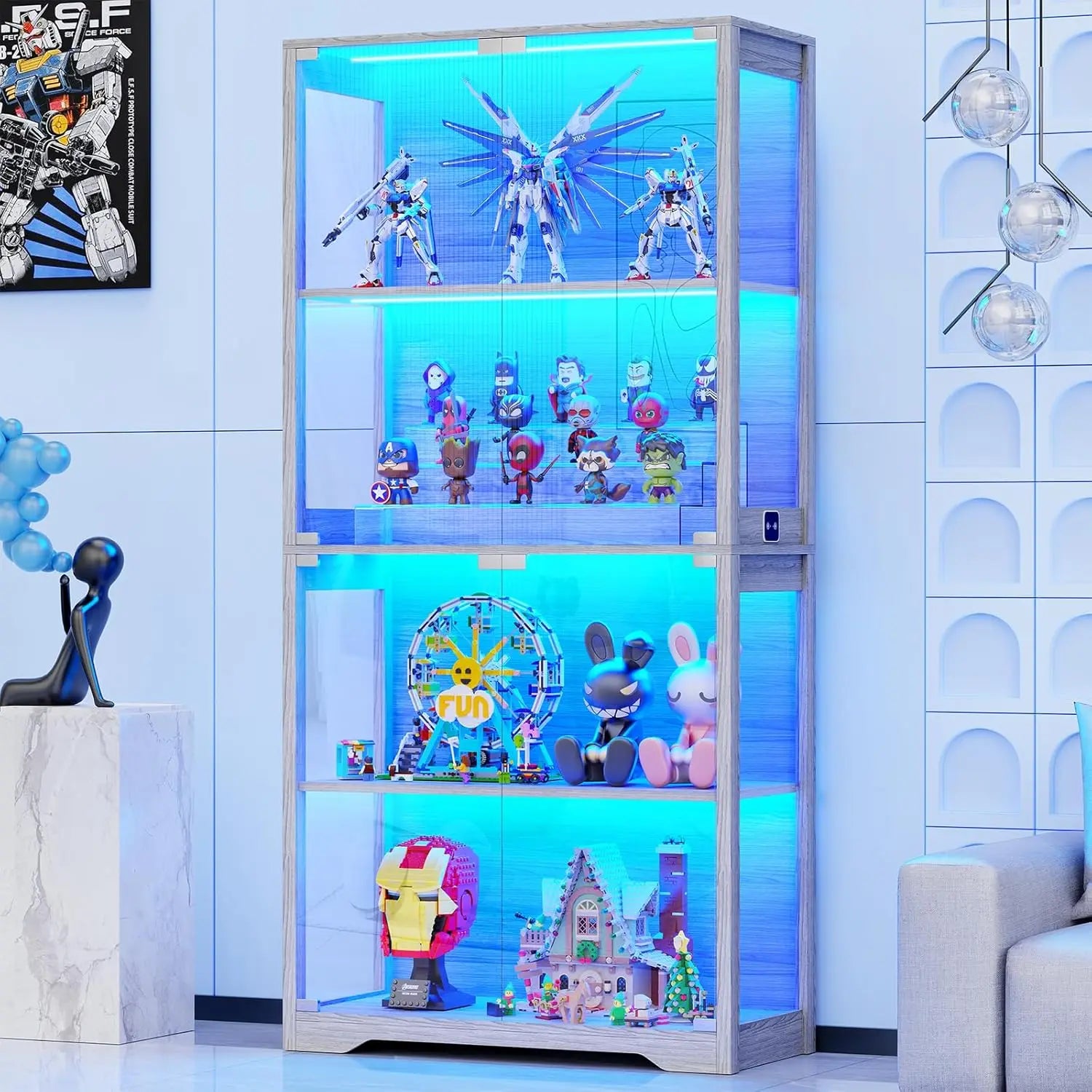 SGIAWETA-Display Cabinet with Glass Doors, 4-Tier Curio Cabinet with 3 Color Lights for Collectibles, Glass-birthday gift