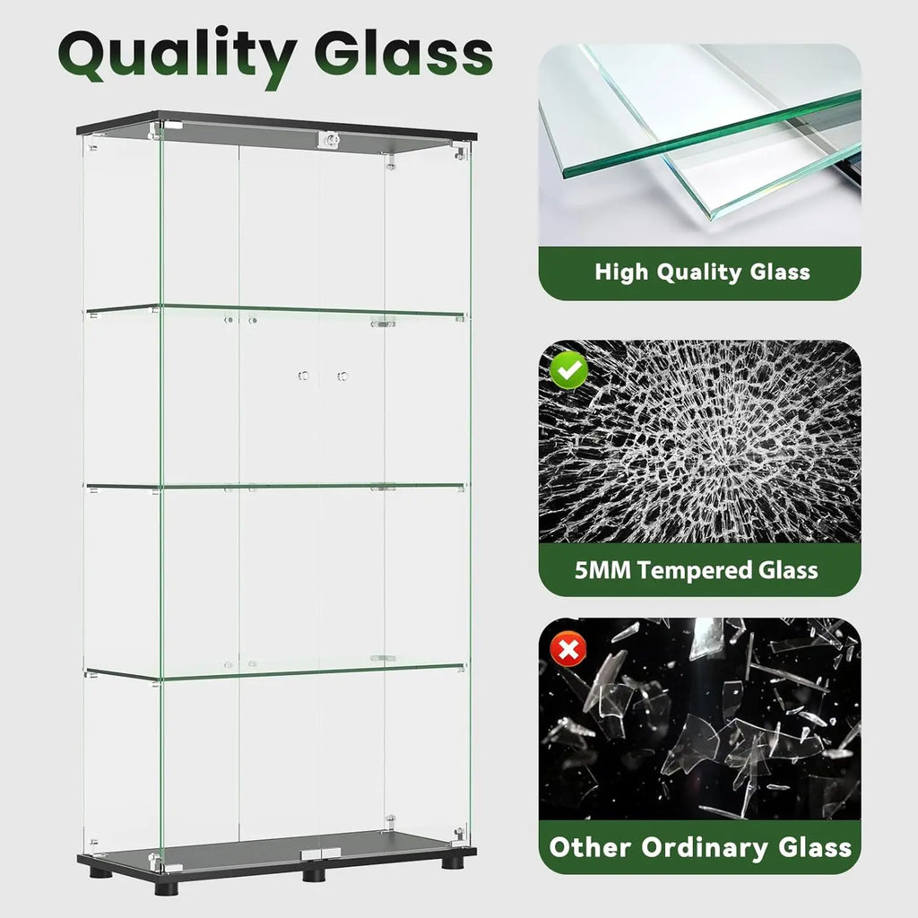 4-Shelf Lockable Glass Display Cabinet Floor Standing Tempered Glass Storage Living Room Bedroom Office 64x31.7x14.3in, Custom