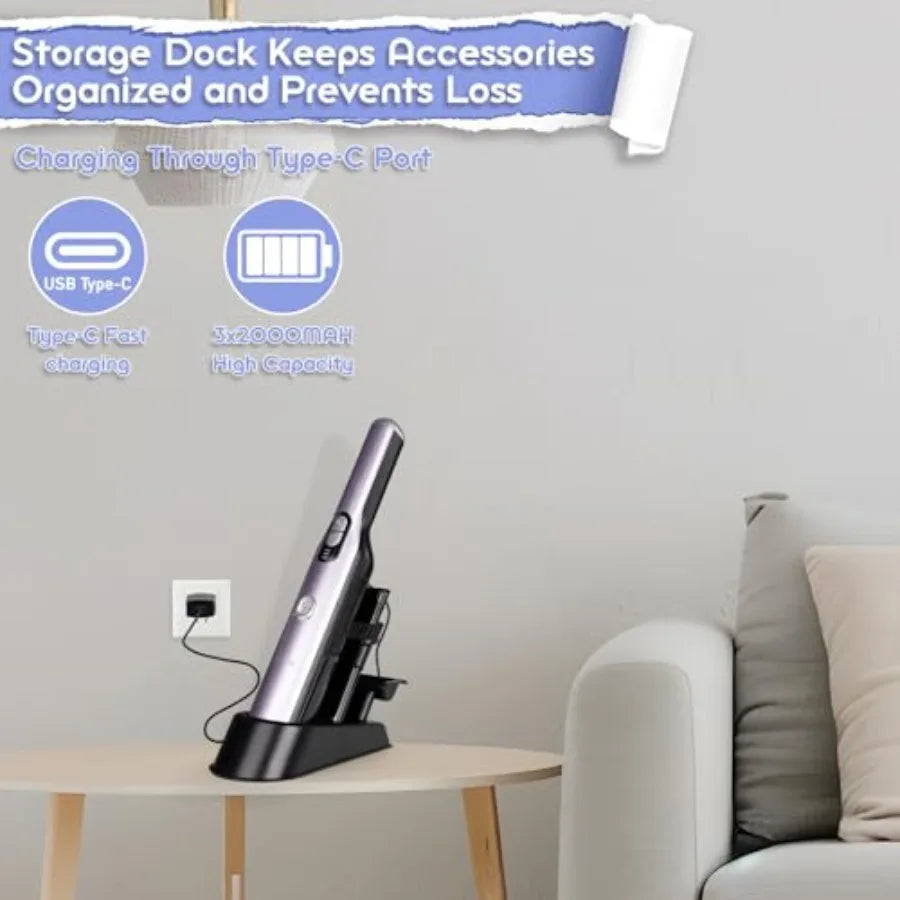 Handheld Vacuum Cordless Car Vacuum Cleaner 18KPa High-Power Suction Portable Hand Vac with Washable HEPA LED Light Storage Doc