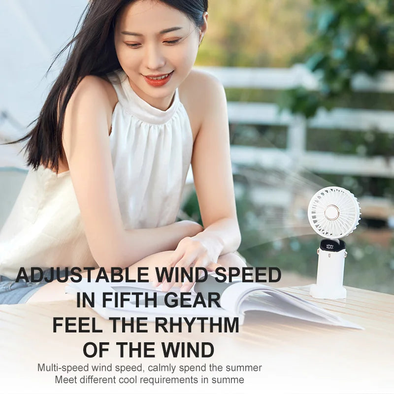 Handheld Mini Fan Wireless USB Rechargeable Portable Digital Display Phone Holder Fan 5 Speed Foldable Neck Hanging Small Fans