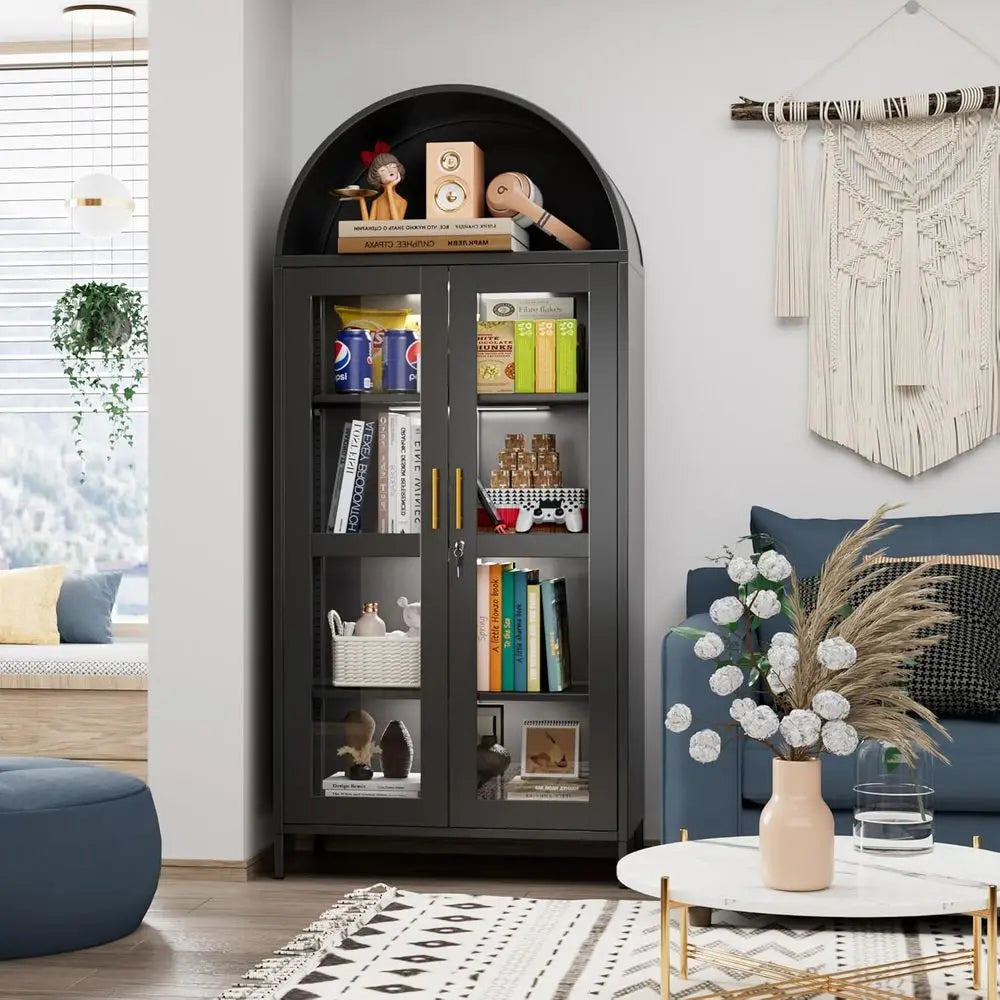 78.74 High Metal Arched Cabinet with Lock, LED Light Strip, Glass Doors, Adjustable Shelves - Ideal for Dining Room, Home Use, B