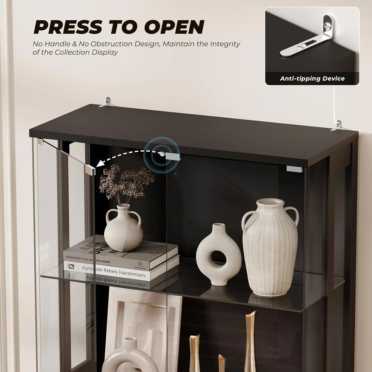 Display Cabinet with Glass Doors, 4-Tier Curio Cabinet with Transparent Full-Display Surface, 65" Glass Display Case with 3 C