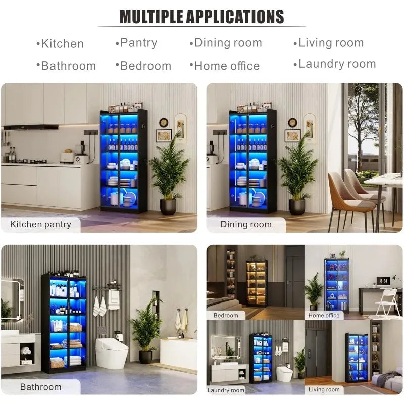 Dystler 65" Tall 5 Tier Display Cabinet with Doors Adjustable Shelves LED Light Bookcase Human Body Sensor Storage Cabinet