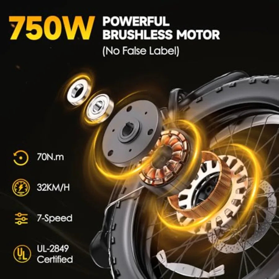 Electric Bike for Adults 20 Fat Tire 1300W Peak Motor 52V 13AH Removable Battery Max Range 35 Miles 28MPH Folding EBike with Sh