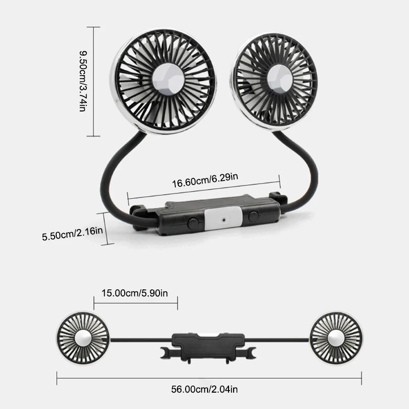 SEAMETAL Car Fan Cooling Dual Head Type-c Usb Car Fan 3 Speeds Adjustable Auto Cooler Air Fan With LED Lights Car Accessories