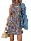 Casual Sleeveless Crewneck Dress Women Boho Summer Vacation Floral Paisley Print Mini Dress