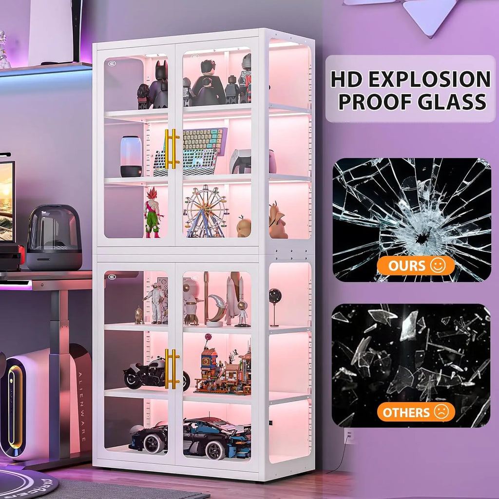 Display Cabinet with Glass Doors, 6-Tier 67" Curio Cabinet with Multi-Color LED Lights and 4 Adjustable Shelves, Glass Displa