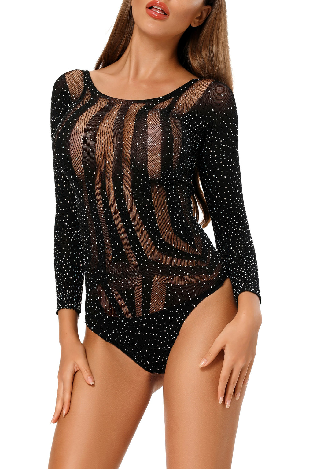 Rhinestone Long Sleeves Hollow-out Bodysuit