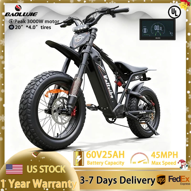 BAOLUJIE Adult Electric Bicycle Peak 1500W/5000W Motor 48V/52V/60V Battery Mountain Bike Electric Bike Fat Tire E bike off-road