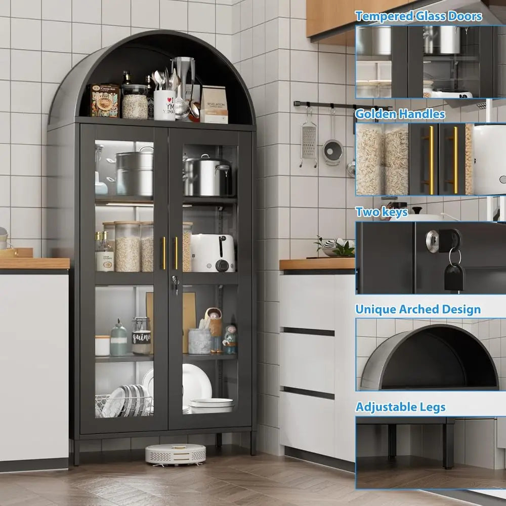 78.74 High Metal Arched Cabinet with Lock, LED Light Strip, Glass Doors, Adjustable Shelves - Ideal for Dining Room, Home Use, B