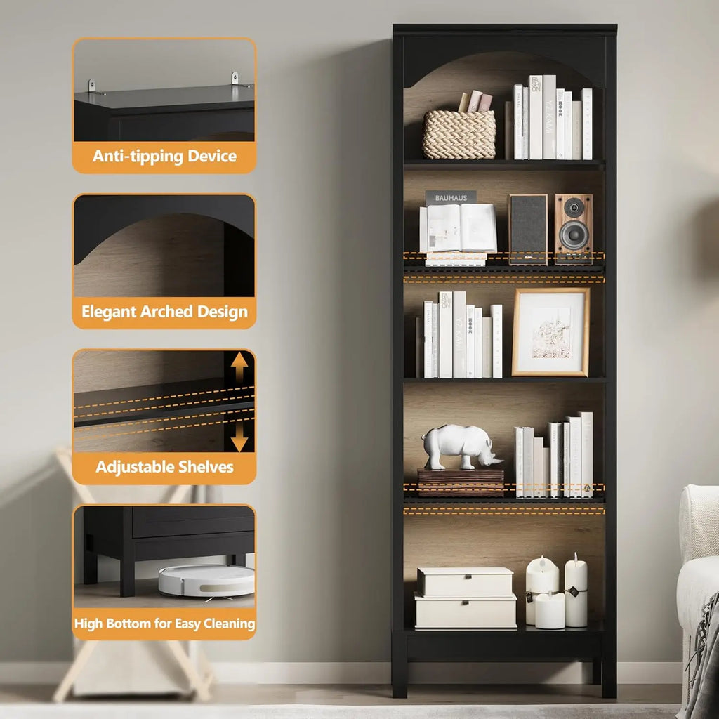 Arched Bookshelf with 5 Tier Open Shelves, 71" Tall Wood Bookcase with Adjustable Shelves, 24" Wide Floor Standing, Customized