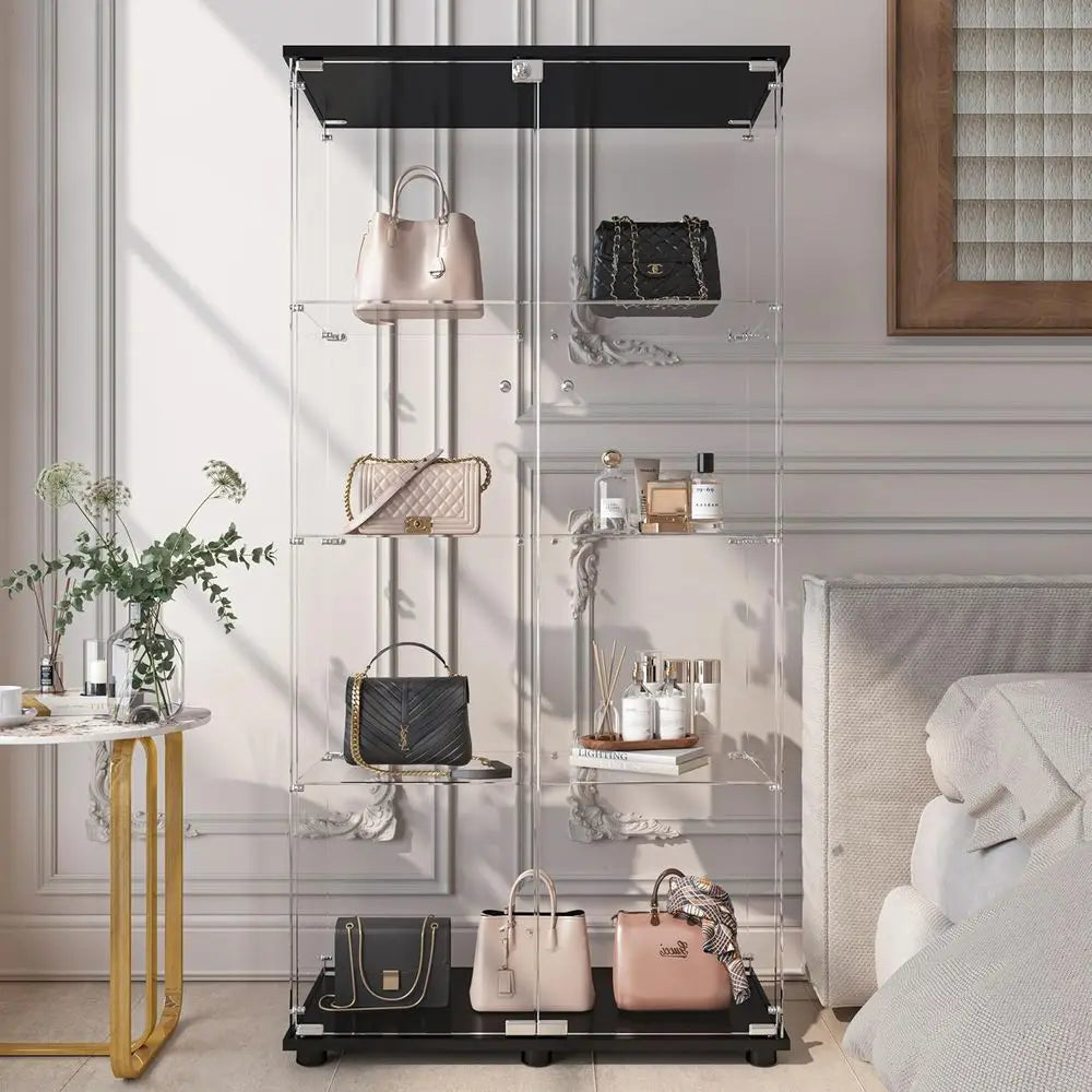 Double Door Glass Display Cabinet with Lock, 4-Shelf Curio for Collectibles, 31.7 W x 14.3 D x 64 H