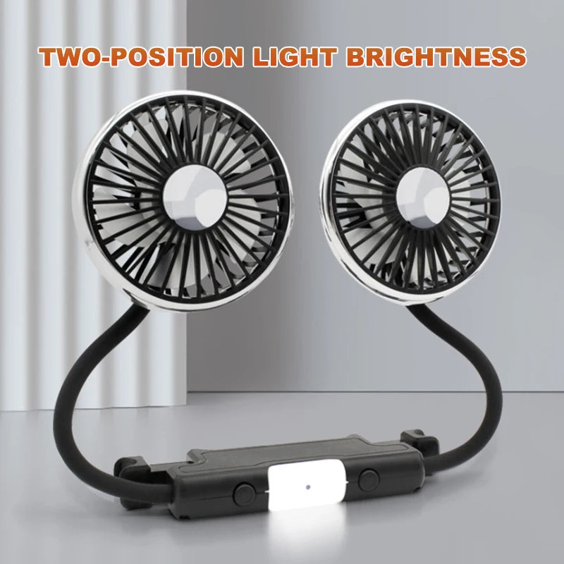 SEAMETAL Car Fan Cooling Dual Head Type-c Usb Car Fan 3 Speeds Adjustable Auto Cooler Air Fan With LED Lights Car Accessories